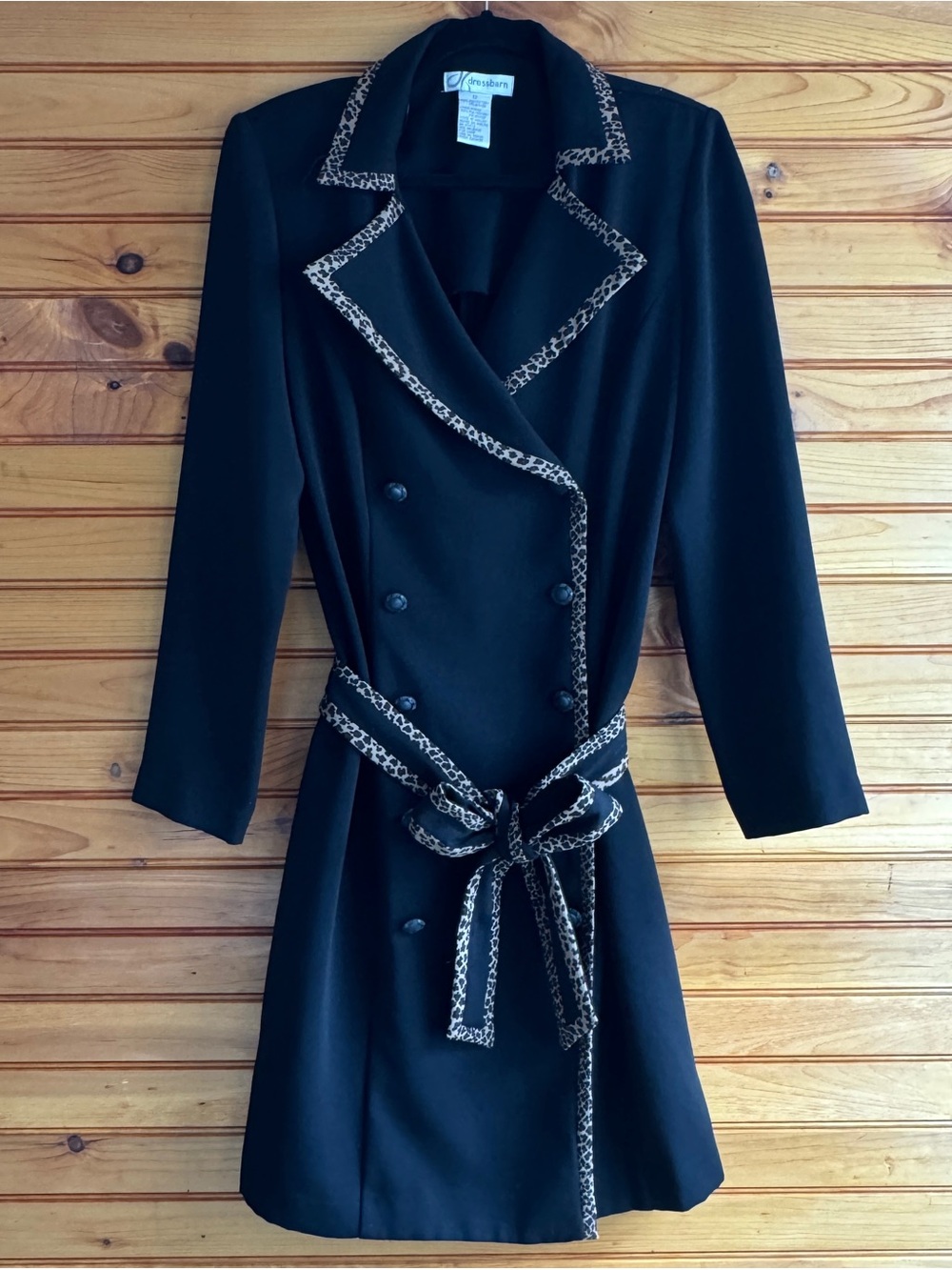 Vintage 90s Dress Barn Leopard Trim Blazer Dress Belted Black Midi 12 - Picture 2 of 16